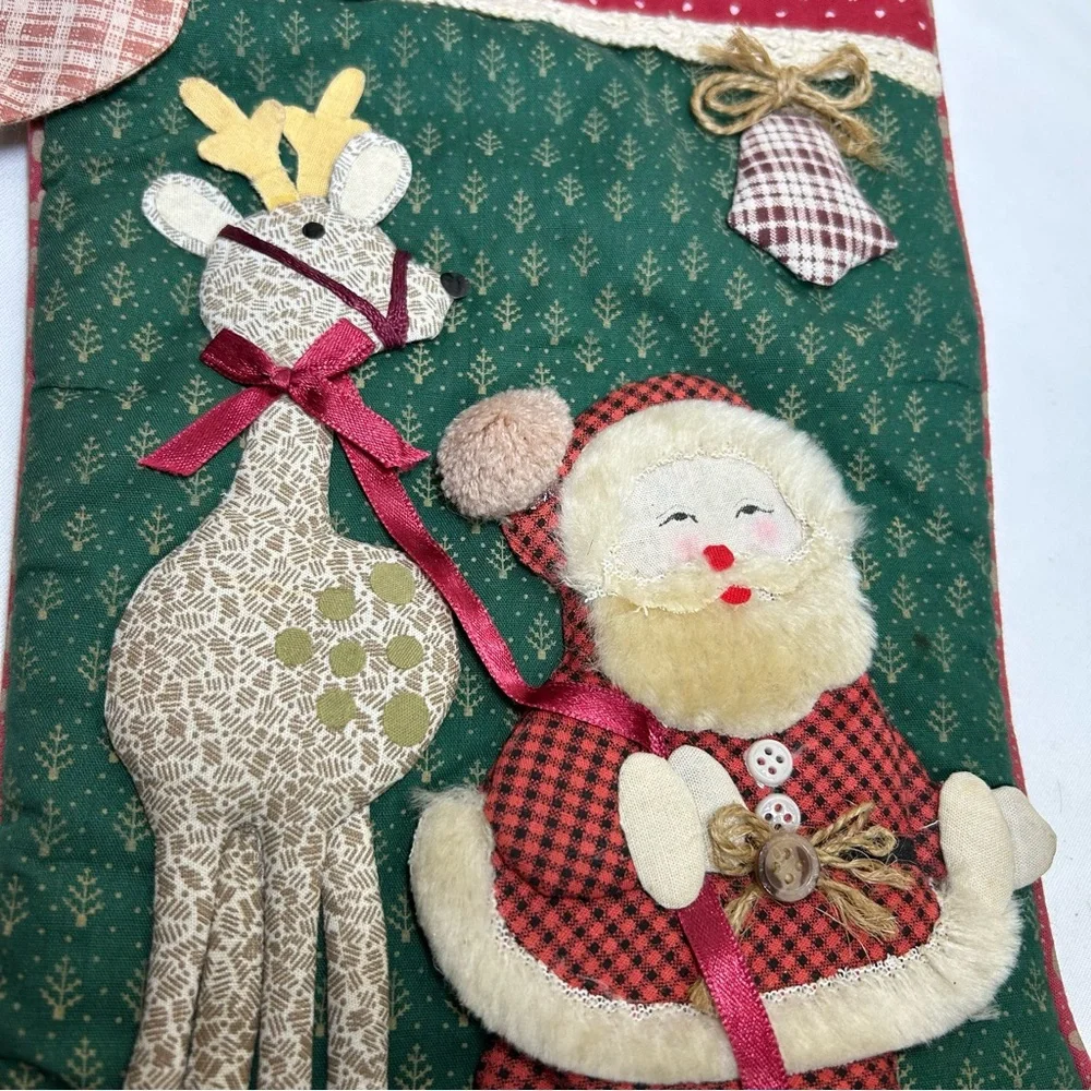 Vintage Handmade 3D Quilted Grandmacore‎ Country House Santa & Reindeer Stocking